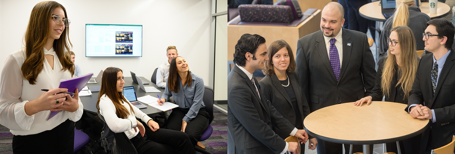 Section Image: Students collaborating in a team room and people in suits standing around a table 
