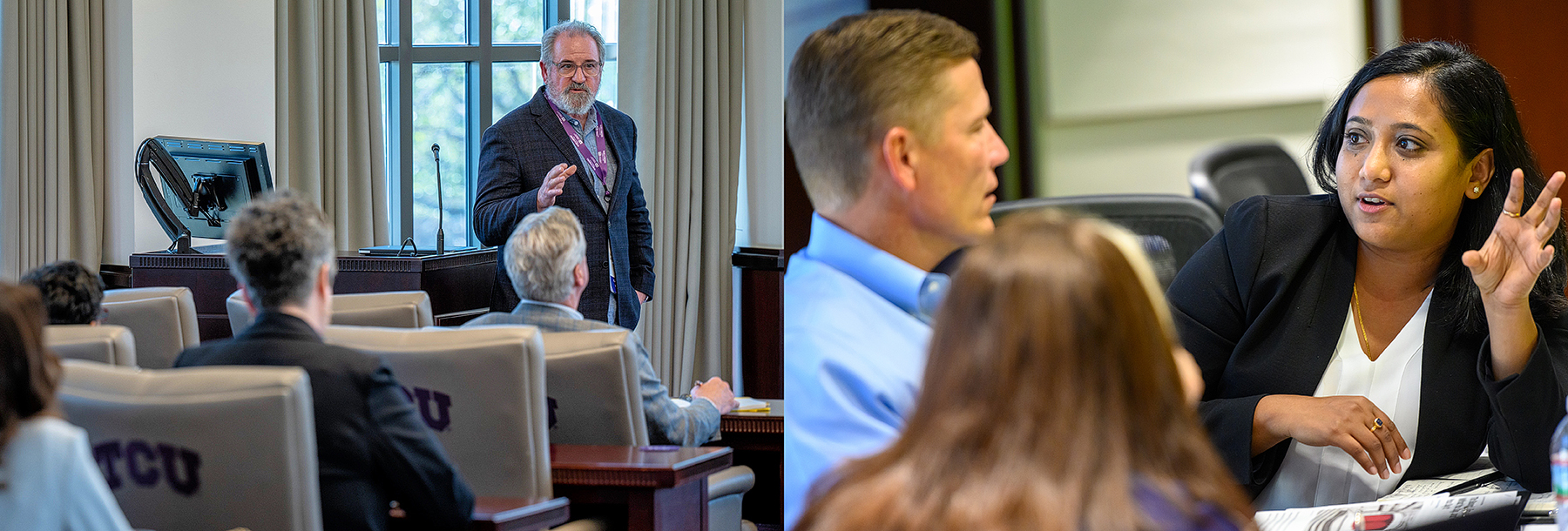 Section Image: Michael Sherrod teaching; students discussing in groups 