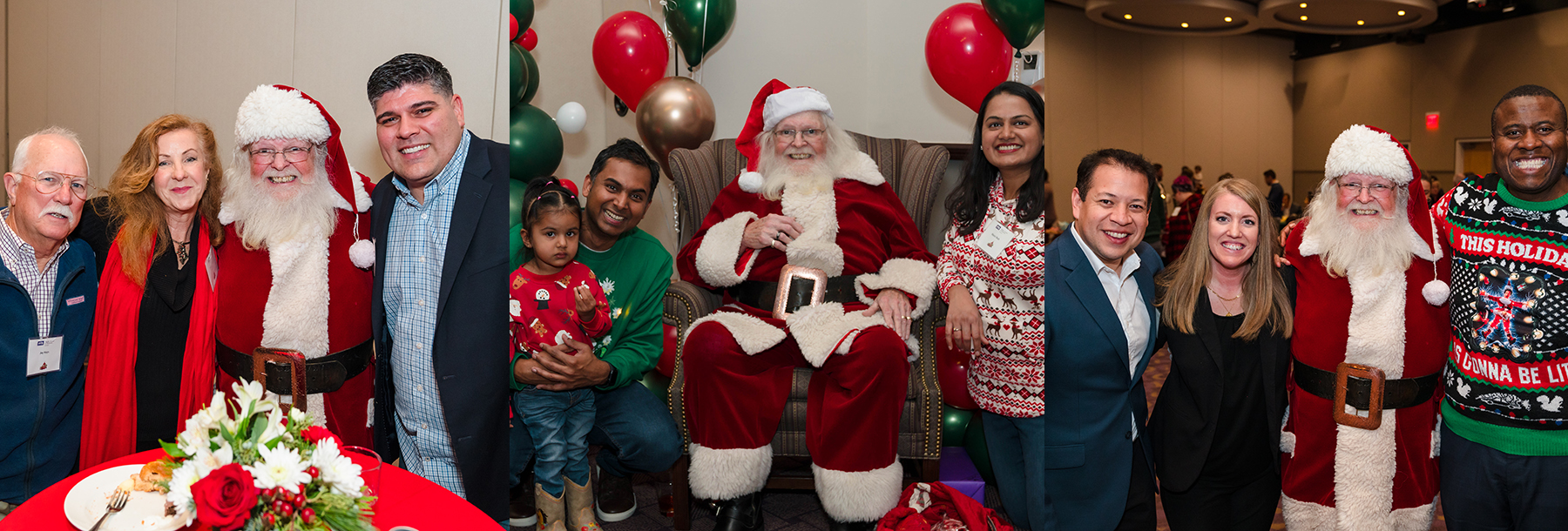 Section Image: EMBA faculty, staff and students standing and sitting at tables with holiday decor. 