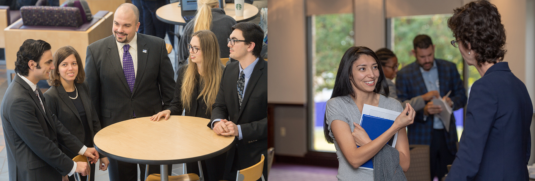 Section Image: Students around a table in Smith, student talking with adult 