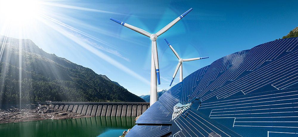 Hydroelectric dam, windmills and solar panels