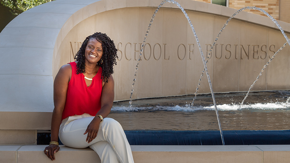 Sarah Makanjuola at the Neeley Fountain