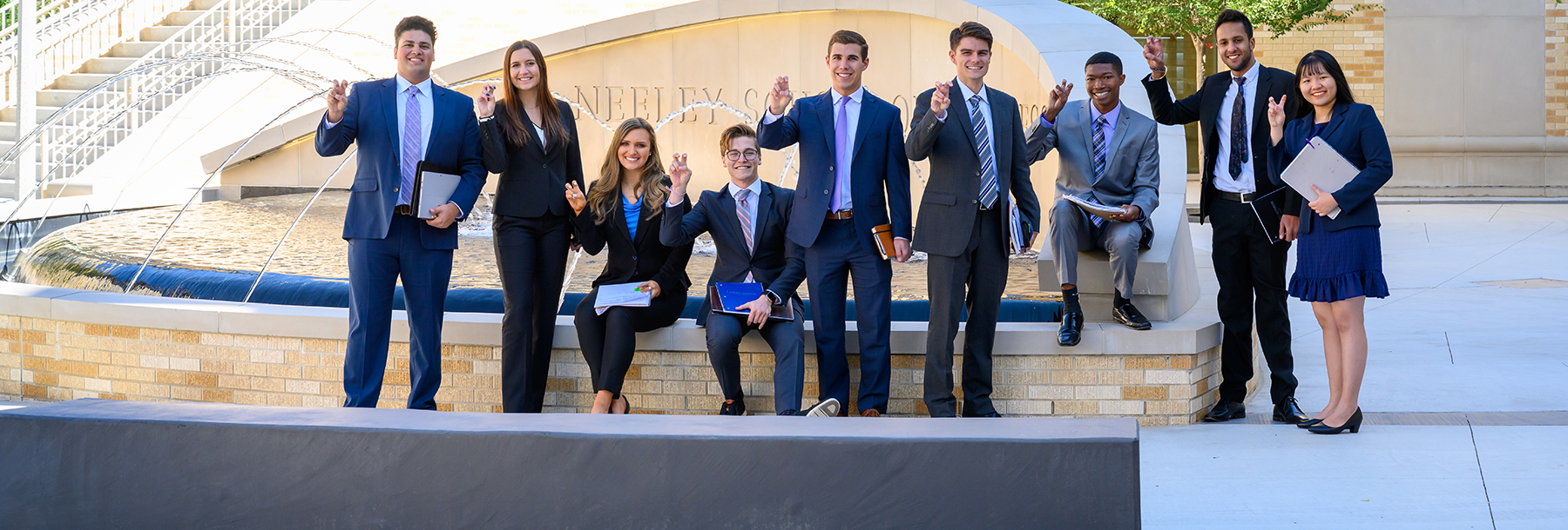 Section Image: Neeley undergraduate students at the Neeley Fountain 