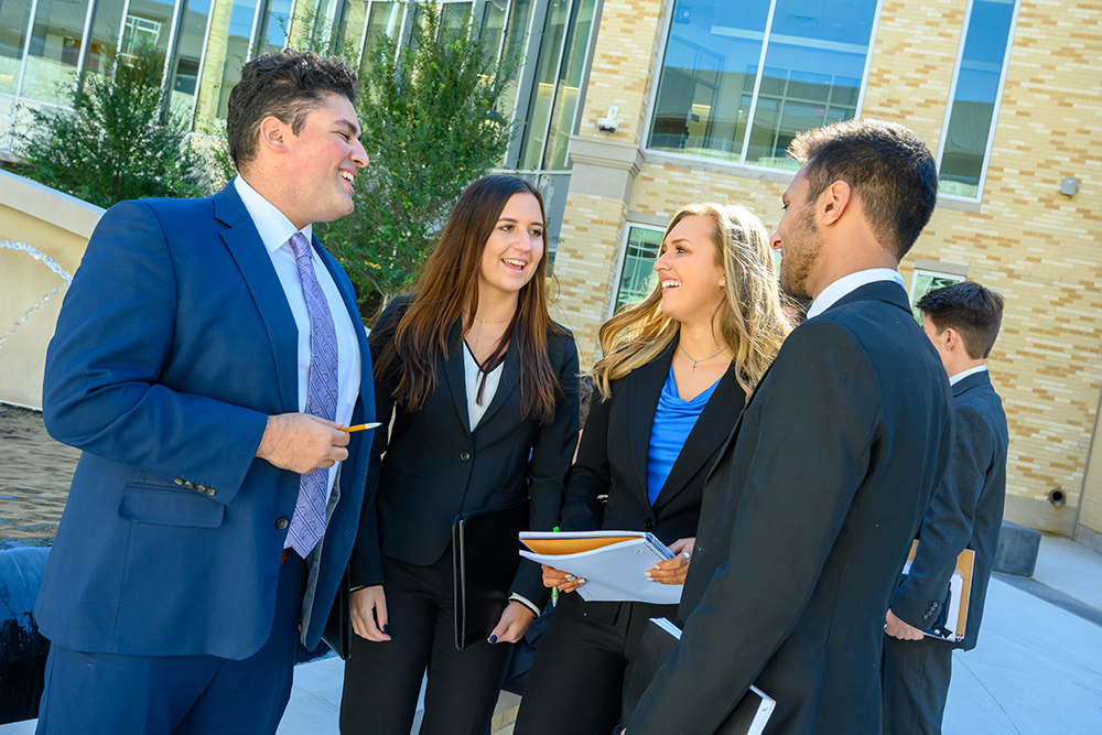 undergraduate students at the Neeley Fountain