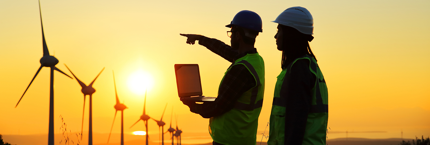 Section Image: Two with a laptop looking at windmills 