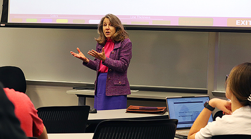 Section Image: Corey Hutchison with Zach Hall and Sales students, Bets Lillo speaking to a class 