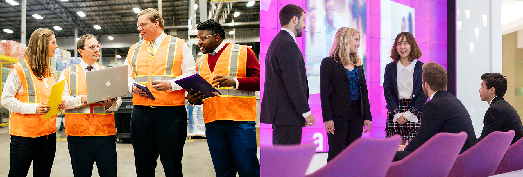 Section Image: Supply Chain students in a wearhouse; in a lobby 