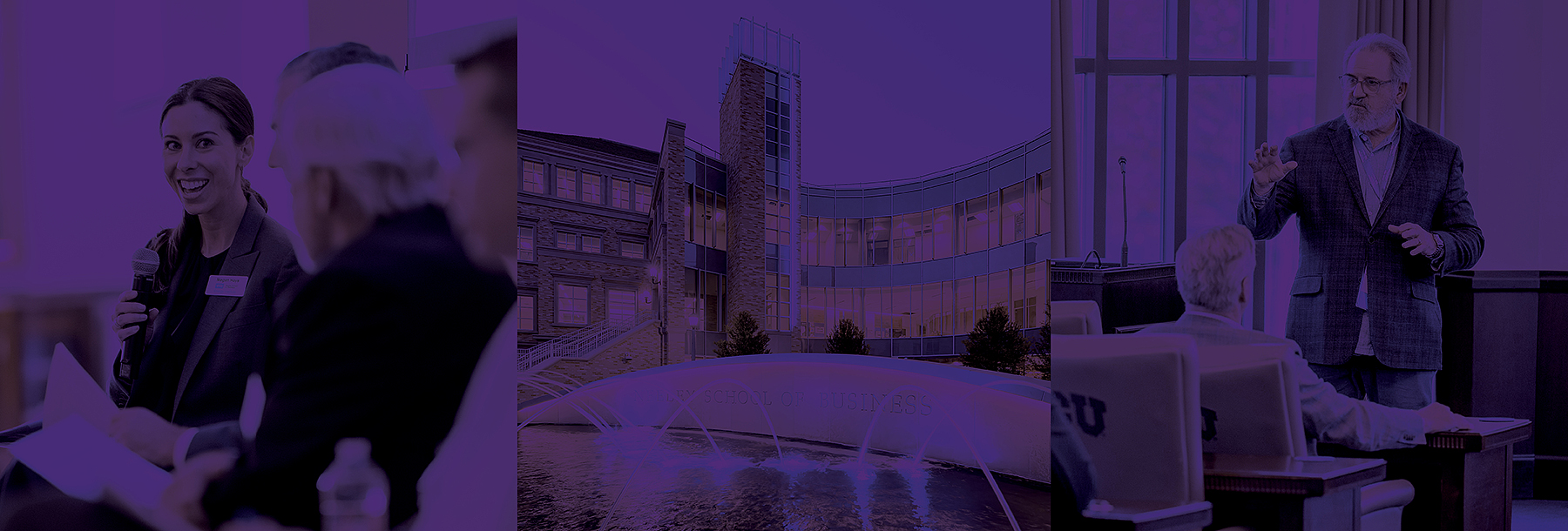 Section Image: Panel of Speakers, Neeley Building with fountain, Michael Sherrod addressing a group 