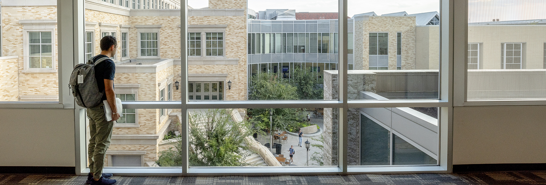 Section Image: Student standing by window in Smith looking down on Roach Plaza 