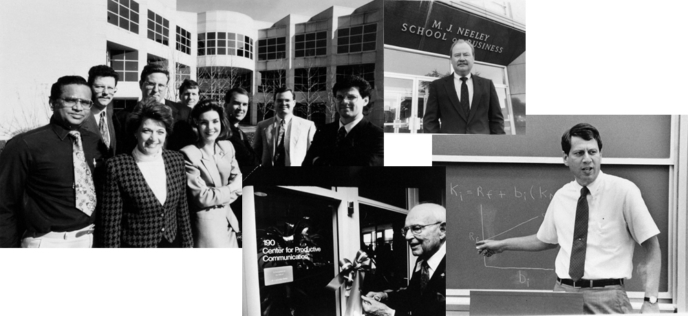 Faculty in front of Tandy Hall, Dean Kirk Downey, Charles Tandy at the opening of the Center for Professional Communication, Stan Block teaching