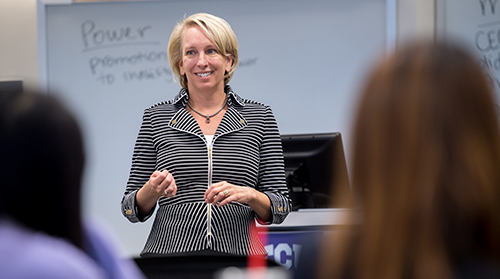 Section Image: Mary Uhl-Bien at the white board while teaching 