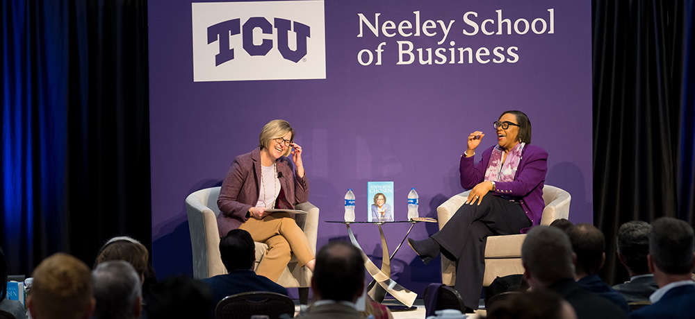 Section Image: Cynt Marshall and Hettie Richardson on the stage in the BLUU ballroom 