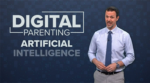 Digital Parenting Artificial Intelligence title behind news anchor