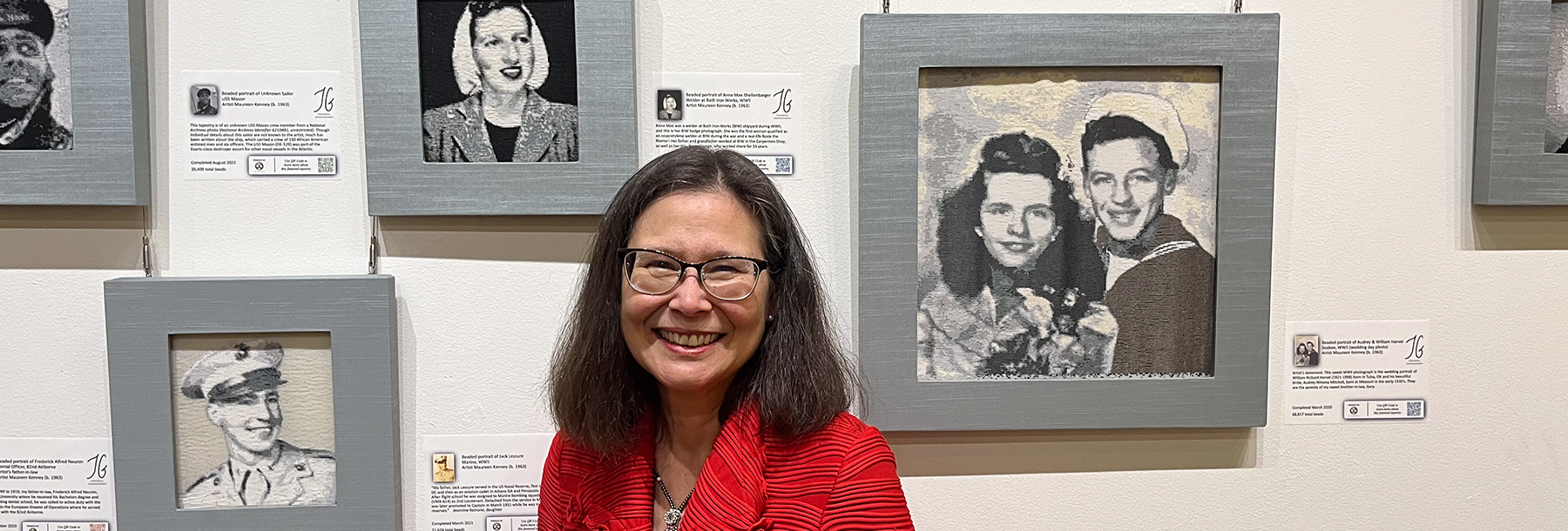 Section Image: Maureen Kenney in front of her bead art exhibit at the Dross Heritage and Culture Center 