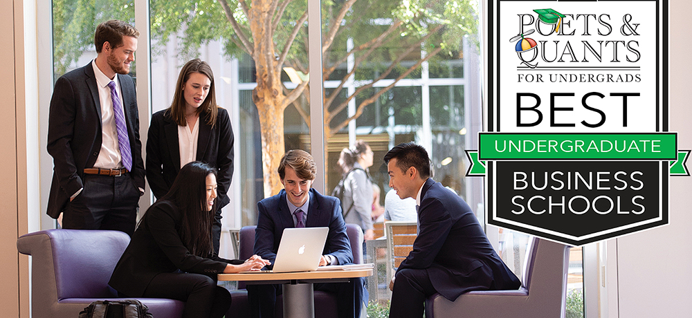 Students gathered around a laptop with logo Poets&Quants for Undergrads Best Undergraduate Business School