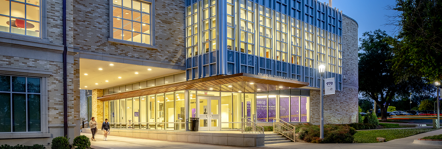 Section Image: Outside of Shaddock Auditorium at Night 