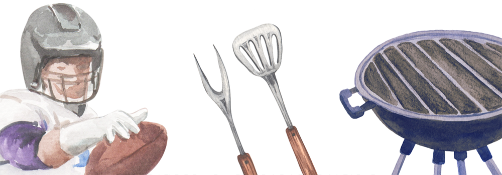 Football player, barbecue grill and tools