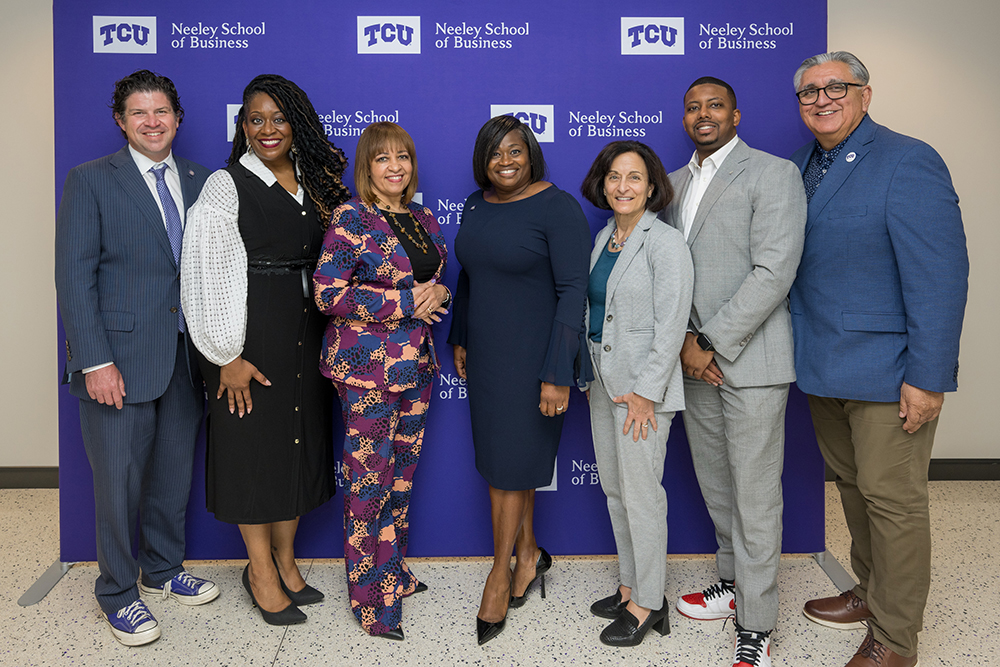 President Pullin, Tracey Renee Williams, Sheryl Adkins-Green, Ann Tasby, Provost Teresa Abi-Nader Dahlberg, David Russell and Jonathan Benjamin-Alvarado