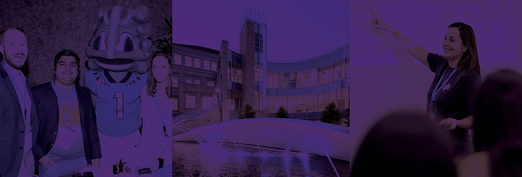 Section Image: Superfrog with students, the new Neeley School of Business building, Molly Kanthack giving a presentation 