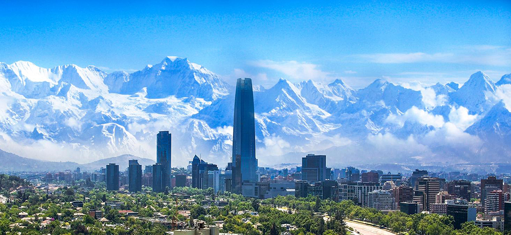 Santigo skyline with snow-covered mountains in the background