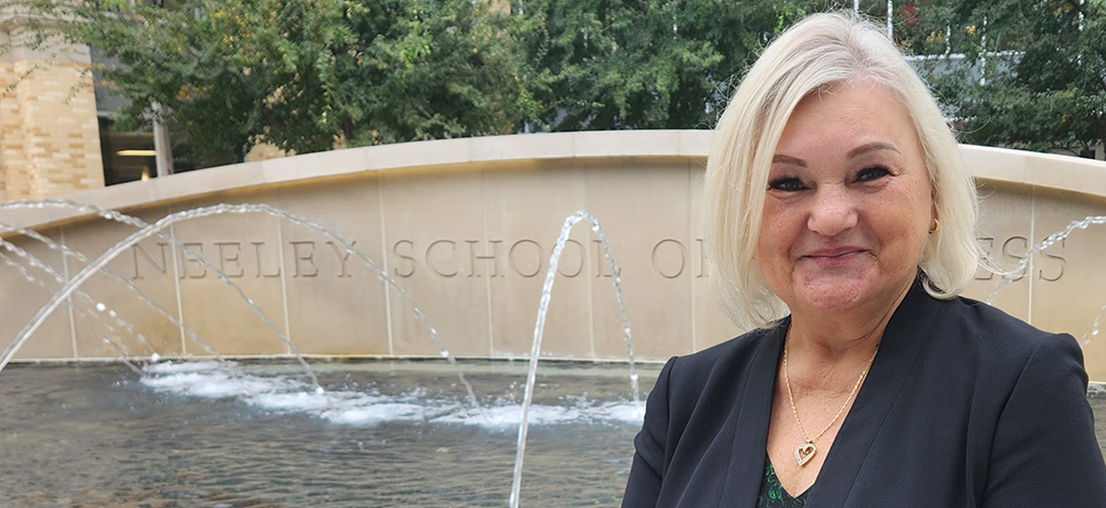 Beata Jones in front of the Neeley Fountain