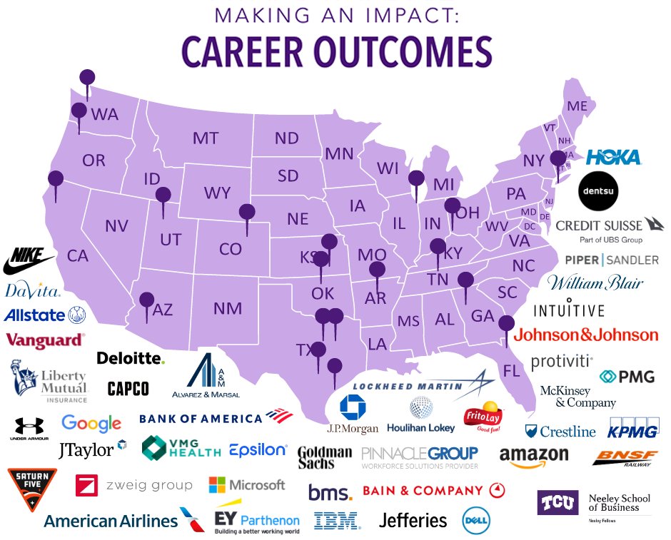 Making an Impact: Career Outcomes - USA map with placement pins and company logos