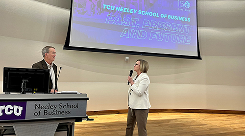 Section Image: Dr. Bill Moncrief lecturing about the Past, Present and Future of Neeley in Shaddock Auditorium 