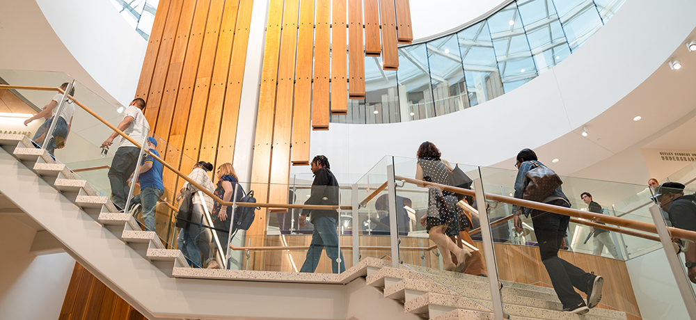 People walking on the stairs in the Rogers Rotunda