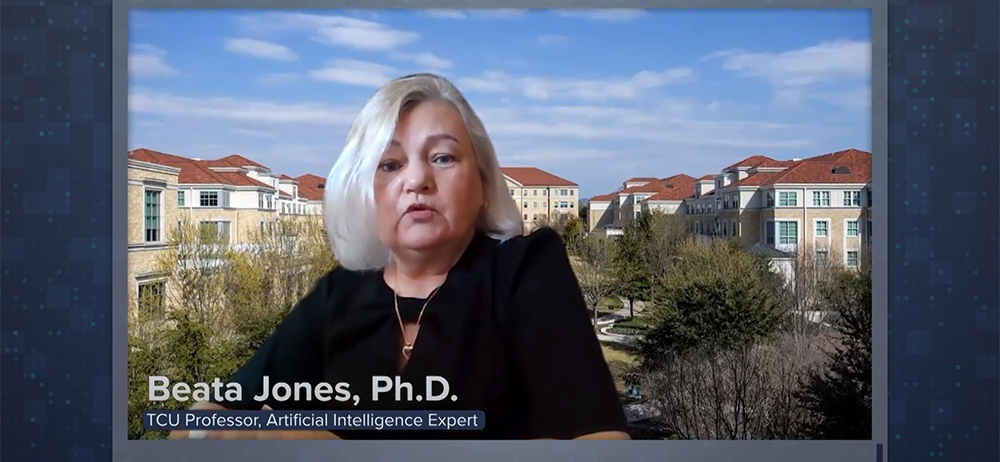 Beata Jones interviewed on the news with a background image of the TCU campus
