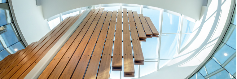view of wooden panel display in atrium